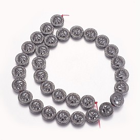 Non-magnetic Synthetic Hematite Beads Strands, Flat Round with Lion Head