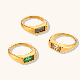 Minimalist 18K Gold Plated Stainless Steel Rectangular Zirconia Ring Jewelry