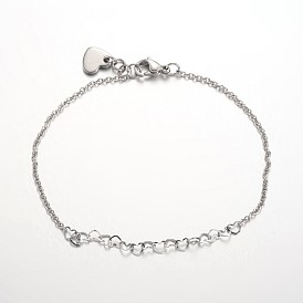 Heart Link 304 Stainless Steel Chain Anklets, with Lobster Clasps and End Chains, 220mm