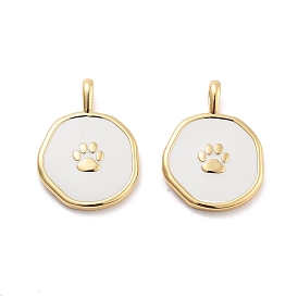 Flat Round with Paw Print Pattern Rack Plating Brass Enamel Pendants, Cadmium Free & Lead Free, Long-Lasting Plated, Real 18K Gold Plated