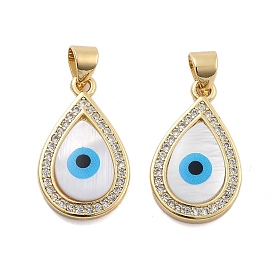 Brass Pave Cubic Zirconia With Shell And Enamel Pendants, Teardrop with Evil Eye
