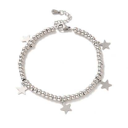 304 Stainless Steel Star Charm Bracelet with 201 Stainless Steel Round Beads for Women