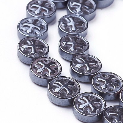 Non-magnetic Synthetic Hematite Beads Strands, Flat Round with Cross