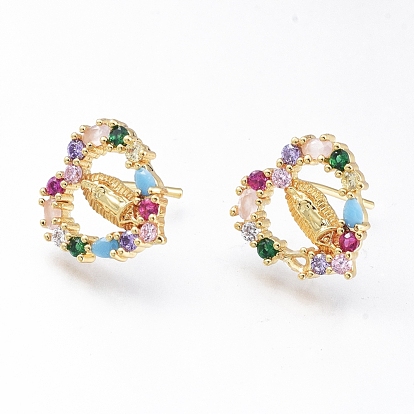 Brass Micro Pave Cubic Zirconia Ear Studs, Long-Lasting Plated, Heart with Virgin Mary, Golden