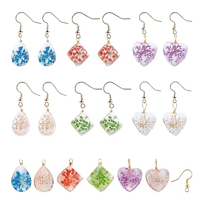 DIY Dangle Earring Making Kits, with Inner Flower Glass Pendants and Brass Earring Hooks