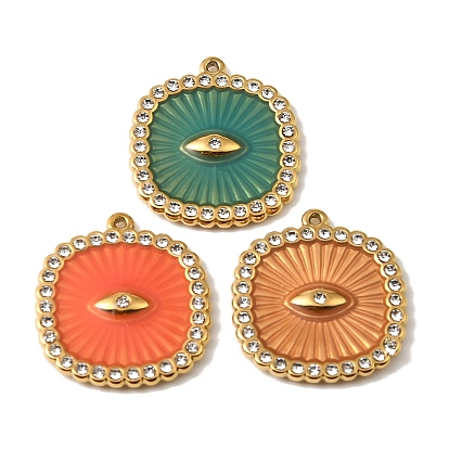 304 Stainless Steel Enamel Pendants, Rectangle with Evil Eye Charms, with Rhinestone, Real 18K Gold Plated, Ion Plating(IP)