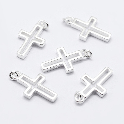 5Pcs 925 Sterling Silver Pendants, Cross Charms, with Jump Rings and Suede Fabric Square Silver Polishing Cloth