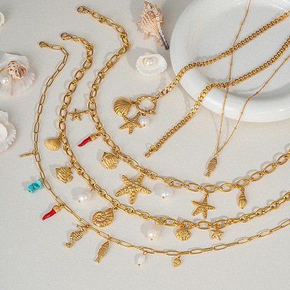 Европейские океанские подвески из нержавеющей стали с жемчугом, для пляжного отдыха, реальный 18 k позолоченный