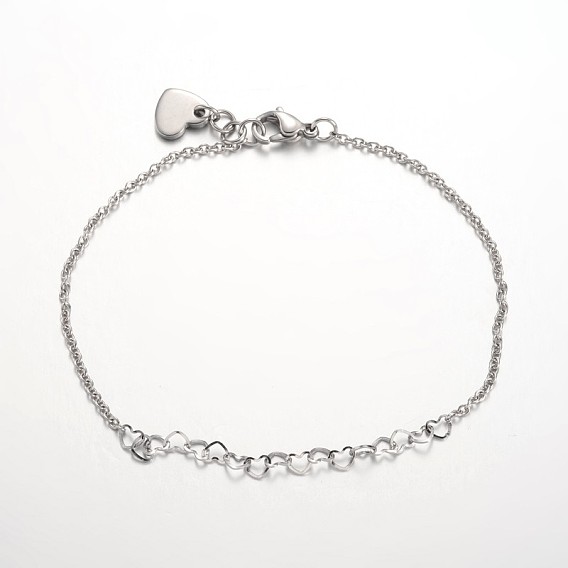 Heart Link 304 Stainless Steel Chain Anklets, with Lobster Clasps and End Chains, 220mm