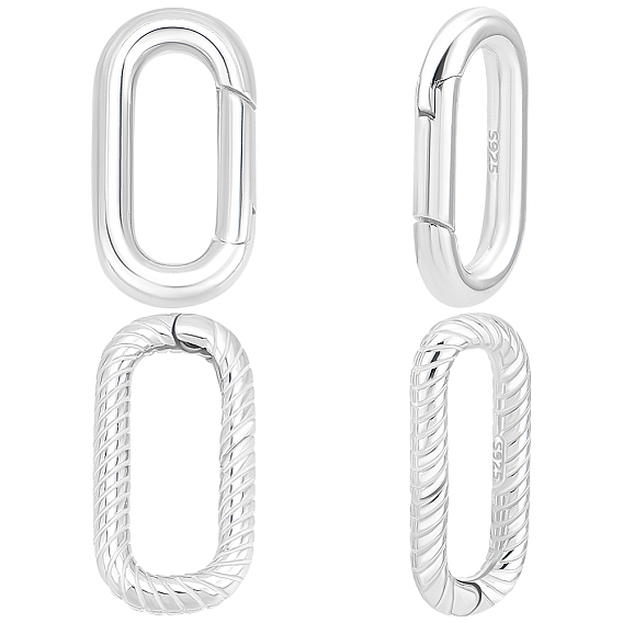 2Pcs 2 Styles 925 Sterling Silver Spring Gate Rings, Oval with 1Pc Double Sided Suede Fabric Silver Polishing Cloth