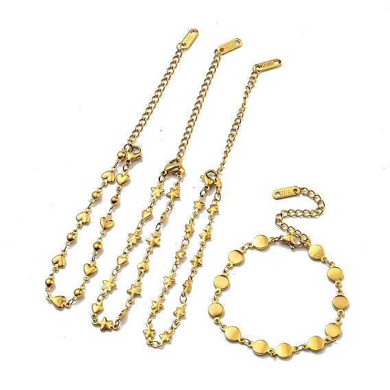 Браслеты-цепочки в форме сердца/звезды/плоской круглой 304 из нержавеющей стали для женщин