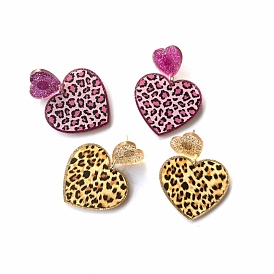 Acrylic Heart with Leopard Print Dangle Stud Earrings for Women