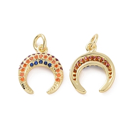 Brass Micro Pave Colorful Cubic Zirconia Charms, with Jump Ring, Double Horn/Crescent Moon