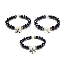 Natural Obsidian & Opalite Round Beads Energy Stretch Bracelet, Alloy Charm Bracelet for Girl Women, Mixed Shape