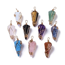 Gemstone Copper Wire Wrapped Big Pendants, Faceted Cone Charms, Rose Gold