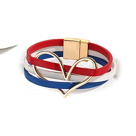 USA Flag Style Red Blue White Imitation Leather Cord Bracelets, with Clasp and Heart Link for Independence Day Gift