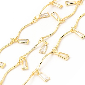 Brass Curved Bar Link Chains, with Clear Cubic Zirconia Trapezoid Charms, Lead Free & Cadmium Free, Soldered, with Spool