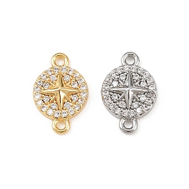 Шармы-соединители из латуни с микропаве из прозрачного кубического циркония, плоский круглый со звездочками