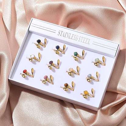 Круглые кольца из смешанных натуральных камней, 304 листовые манжеты из нержавеющей стали, реальный 18 k позолоченный, ионное покрытие (ip)