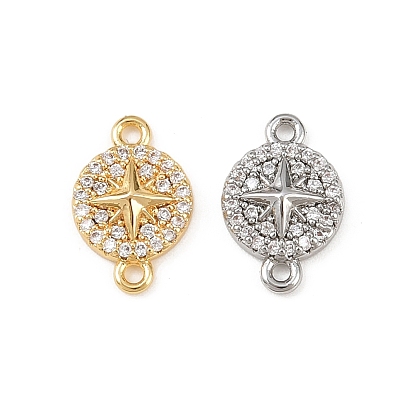Шармы-соединители из латуни с микропаве из прозрачного кубического циркония, плоский круглый со звездочками
