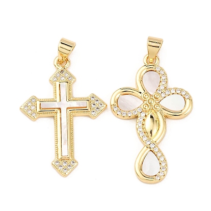 Латунные микро проложить кубического циркония подвески, крестик, с естественной оболочке, стойки покрытие, долговечный, без свинца и без кадмия