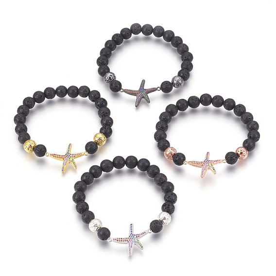 Stretch Bracelets, with Long-Lasting Plated Electroplated Natural Lava Rock, Natural Lava Rock and Brass Cubic Zirconia Beads, Starfish/Sea Stars