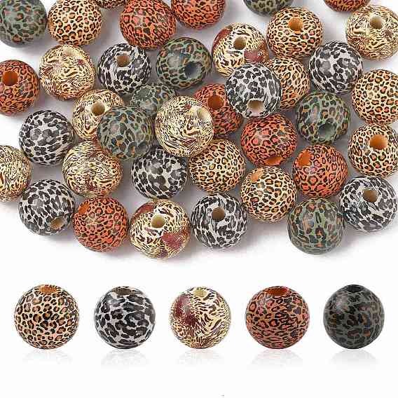 40 шт. 5 цветные бусины из дерева схима с печатью, леопардовым принтом, бусины с большим отверстием, круглые