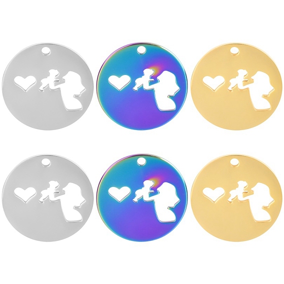 Mother's Day Stainless Steel Pendants, Flat Round with Mother & Baby Charm