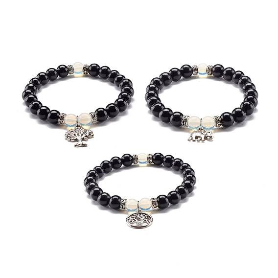 Bracelet Energy Stretch Perles Rondes Obsidienne Naturelle & Opalite, bracelet à breloques en alliage pour fille femme, forme mixte
