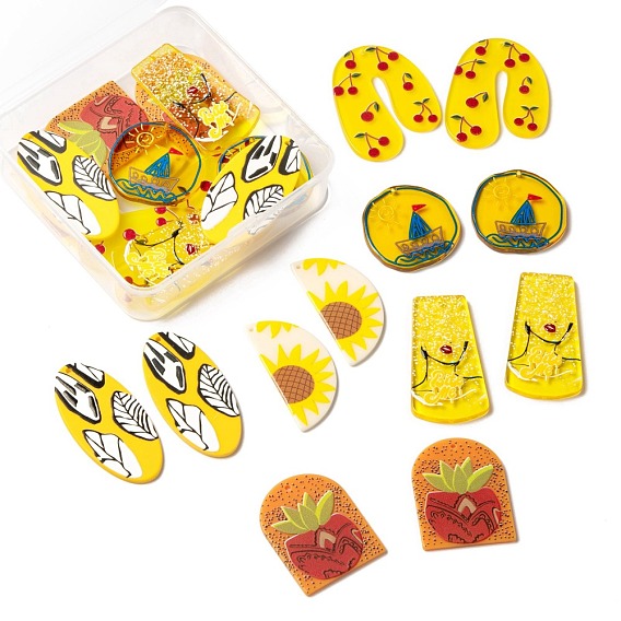 24Pcs 6 Style Cellulose Acetate(Resin) and Acrylic Pendant Sets, 3D Printed, U Shape & Oval & Half Round & Trapezoid & Flat Round