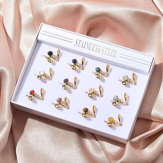 Круглые кольца из смешанных натуральных камней, 304 листовые манжеты из нержавеющей стали, реальный 18 k позолоченный, ионное покрытие (ip)