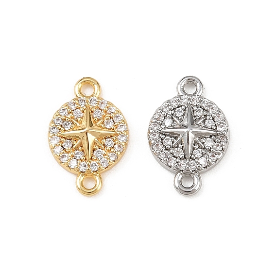 Шармы-соединители из латуни с микропаве из прозрачного кубического циркония, плоский круглый со звездочками