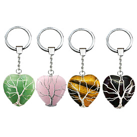 Tree of Life Wire Wrapped Heart Natural & Synthetic Gemstone Pendant Keychain, with Metal Findings