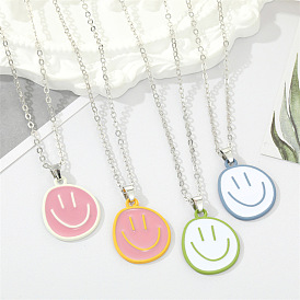 Irregular Metal Smiling Face Necklace with Candy-Colored Pendant for Women