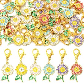 30Pcs 6 Styles Alloy Enamel Sunflower Pendant Decorations, with Alloy Lobster Claw Clasps