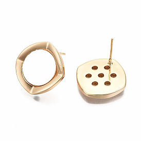 Brass Stud Earring Findings, with Natural Freshwater Shell, Nickel Free, Round Side Rhombus