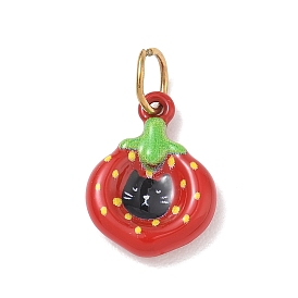 304 Stainless Steel Enamel Pendants, Strawberry Black Cat Charms, with Jump Ring