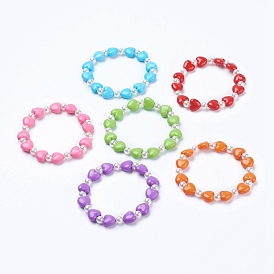 Enfants stretch bracelets, avec perles acryliques colorées et perle d'imitation acrylique, cœur