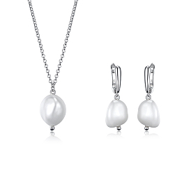 S925 Sterling Silver & Natural Freshwater Pearl Pendant Necklace & Hoop Earrings Sets