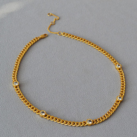 Vintage Brass Gold Plated Cuban Chain Necklace with Zirconia - Retro, Chic, Minimalist.