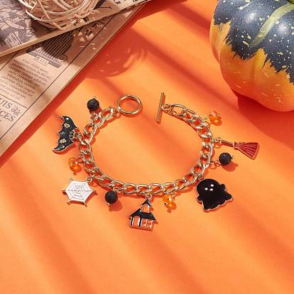 Alliage émail fantôme & chauve-souris & balai & bracelet à breloques en pierre de lave naturelle, bijoux d'halloween pour femmes