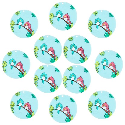 Acrylic Pendants, Birds Printed, Flat Round