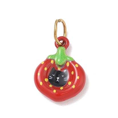 304 Stainless Steel Enamel Pendants, Strawberry Black Cat Charms, with Jump Ring