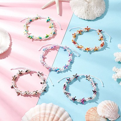 Браслеты из бисера и бусин для женщин из искусственного бисера и искусственного жемчуга из окрашенной синтетической бирюзы и АБС-пластика, морская звезда, с нейлоновой регулируемой нитью