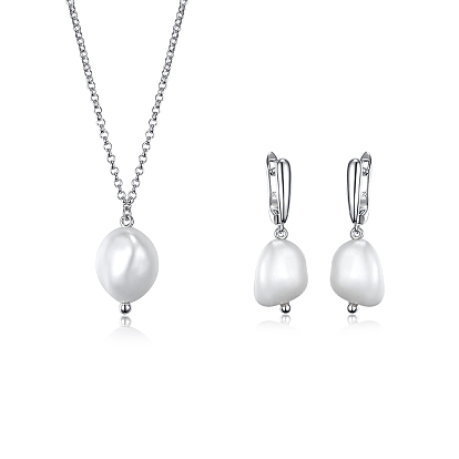 S925 Sterling Silver & Natural Freshwater Pearl Pendant Necklace & Hoop Earrings Sets