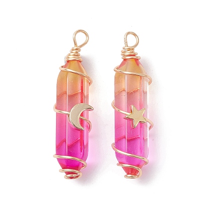2Pcs 2 Style Two Tone Glass Double Terminated Point Beads Pendants Set, Moon & Star Golden Copper Wire Wrapped Charms