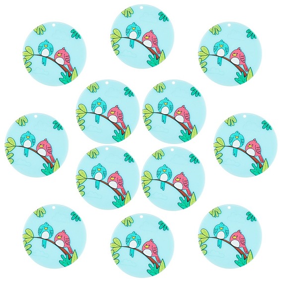 Acrylic Pendants, Birds Printed, Flat Round