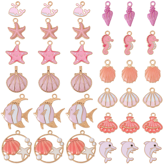 48шт. 12 стили, розовый цвет, морская тематика, сплав, эмалированные подвески, разнообразные