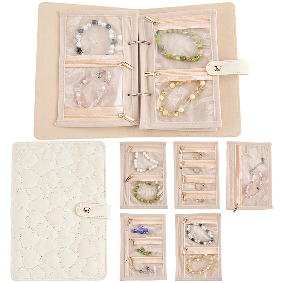 Heart Textured PU Leather Jewely Binder Albums, Jewlery Rools with 5Pcs Transparent Jewelry Zipper Bags, Rectangle