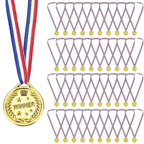 Plastic Medals, with Polyester Stripe Pattern Lanyard, Flat Round